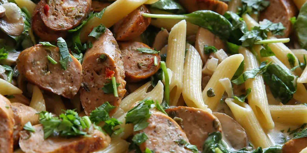 Лучший рецепт пенне с куриной колбасой и грибами - Как приготовить пенне с куриной колбасой и грибами