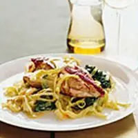 Куриные грудки со шпинатом, луком-пореем и шафрановым соусом