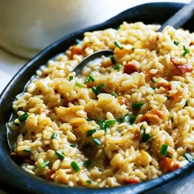 Ризотто с моллюсками, беконом и зеленым луком - Рецепты ризотто с морепродуктами - Рецепты с рисом