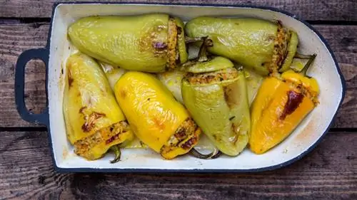 Жареный перец, фаршированный рисом и копченым темпе