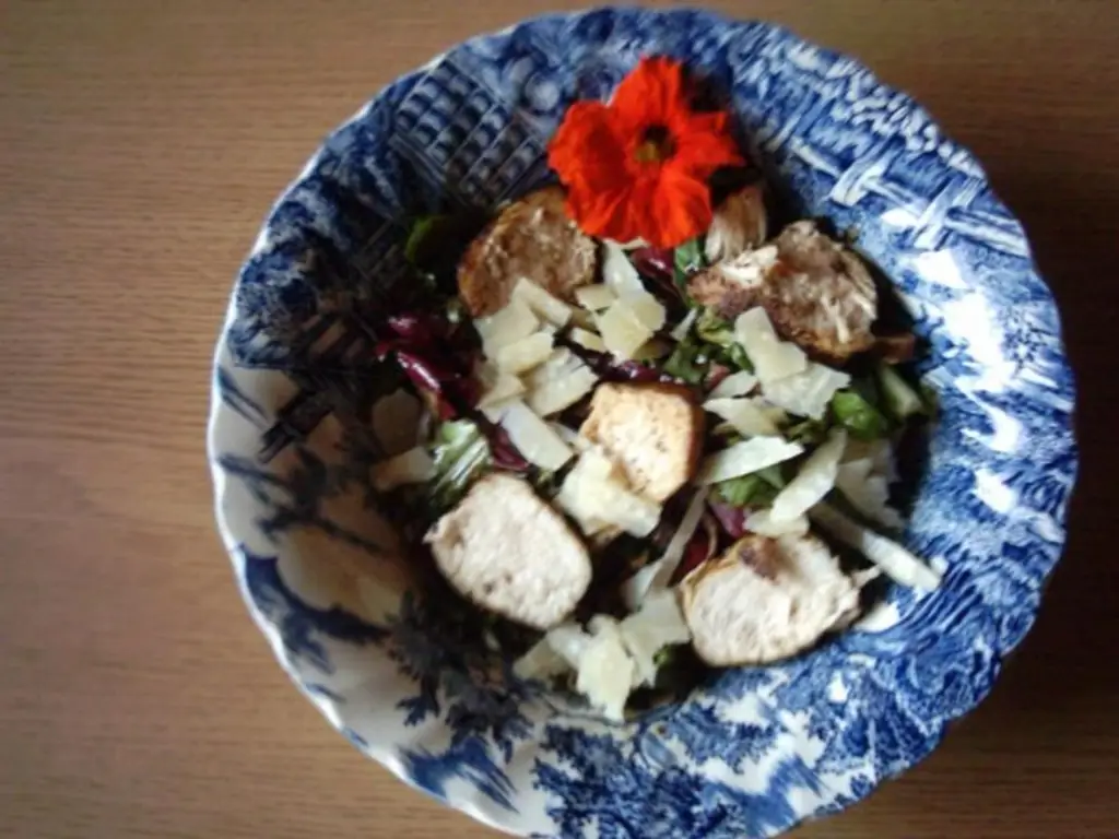 Полоски куриной грудки на салате с горчично-медовой заправкой