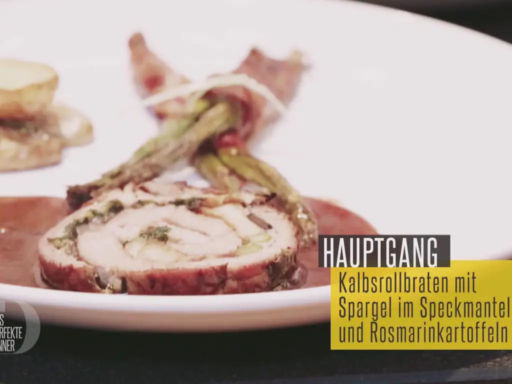 Tied Veal – Телятина, завернутая в бекон, со спаржей и картофелем с розмарином
