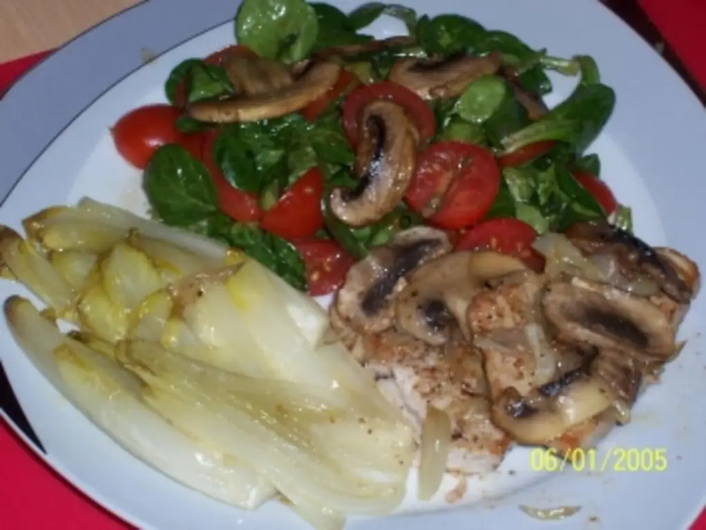 Цикорий глазированный и куриная грудка с грибами