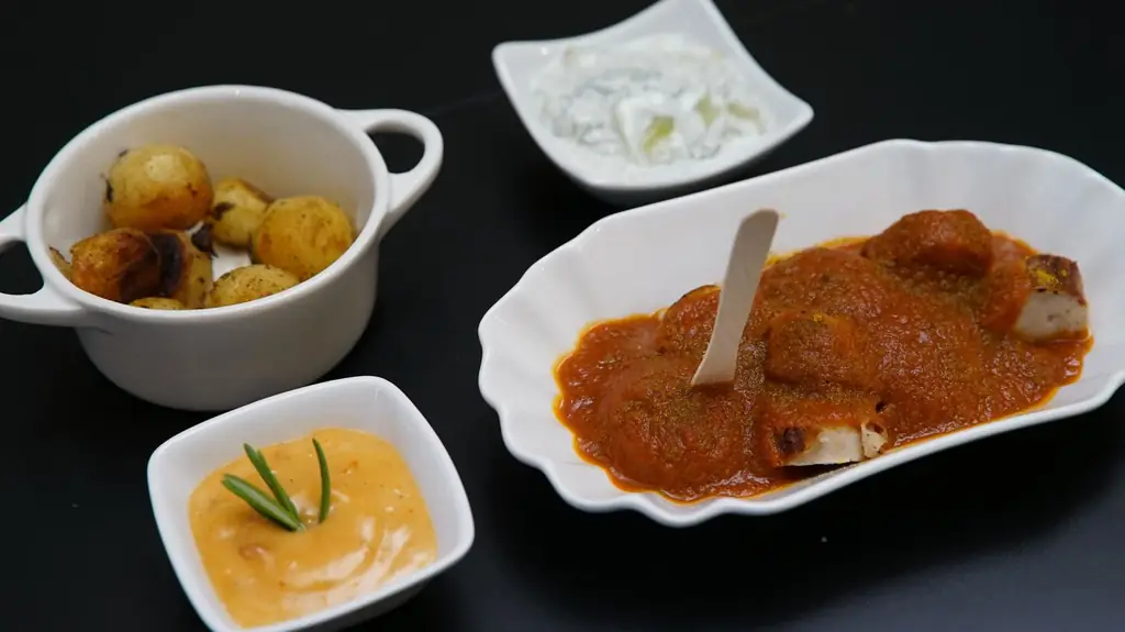 Ренские колбаски карри, отварной картофель, майонез песто и салат из огурцов