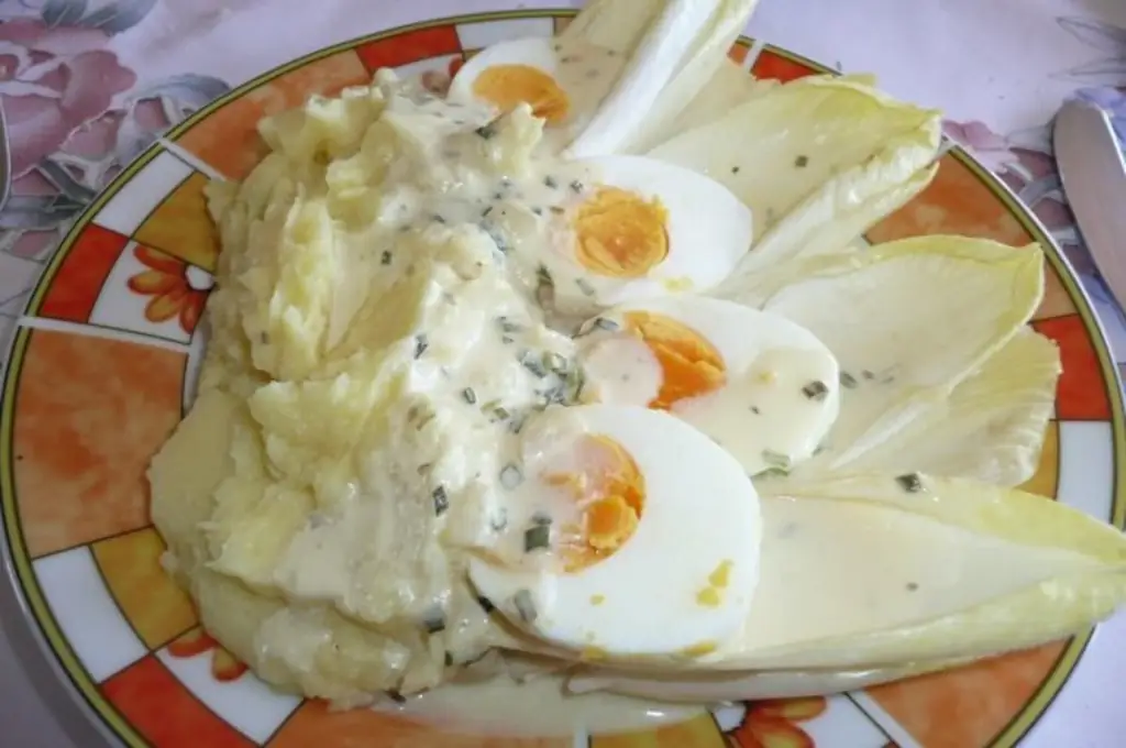 Овощи: цикорий с картофельным пюре, яйцом и йогуртом