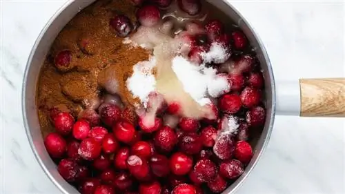 ингредиенты клюквенного соуса на сковороде