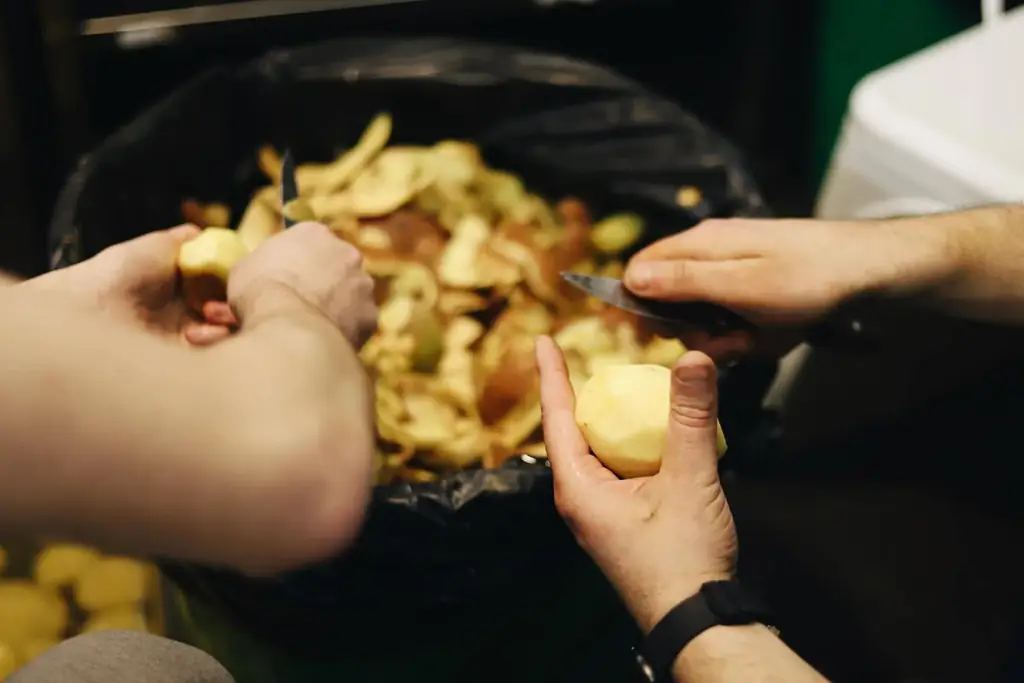 Две руки чистят картошку