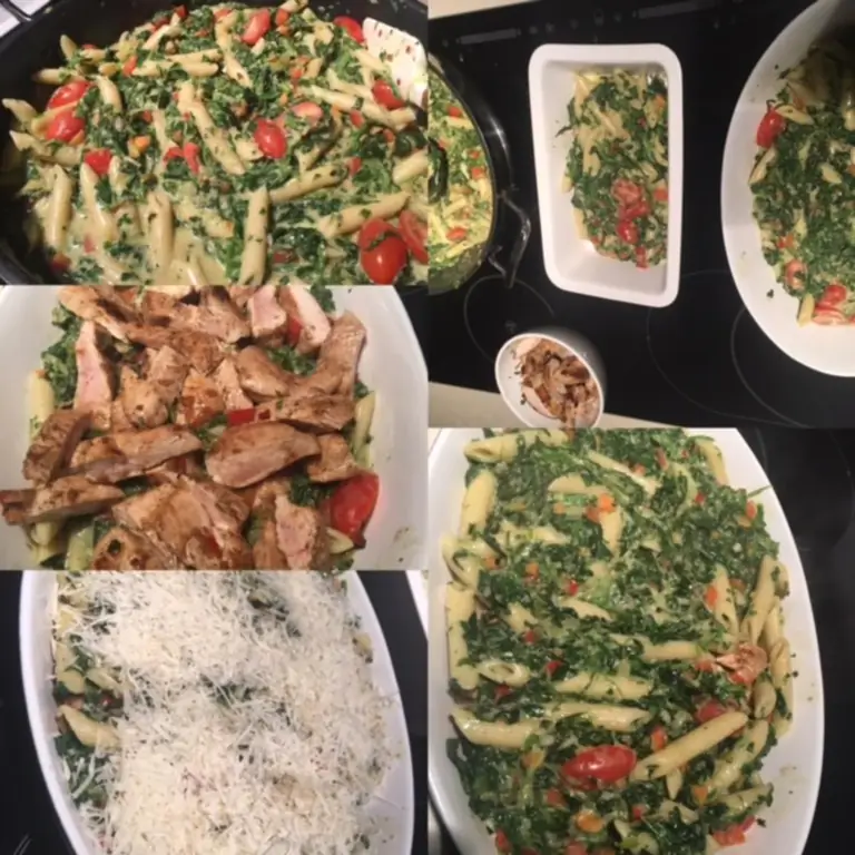 Паста Пенне со шпинатом и овощами с Полло ди Марчелло