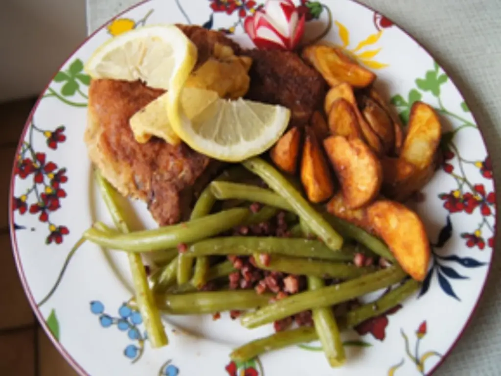 Отбивная из стеблей со стручковой фасолью и картофельными дольками