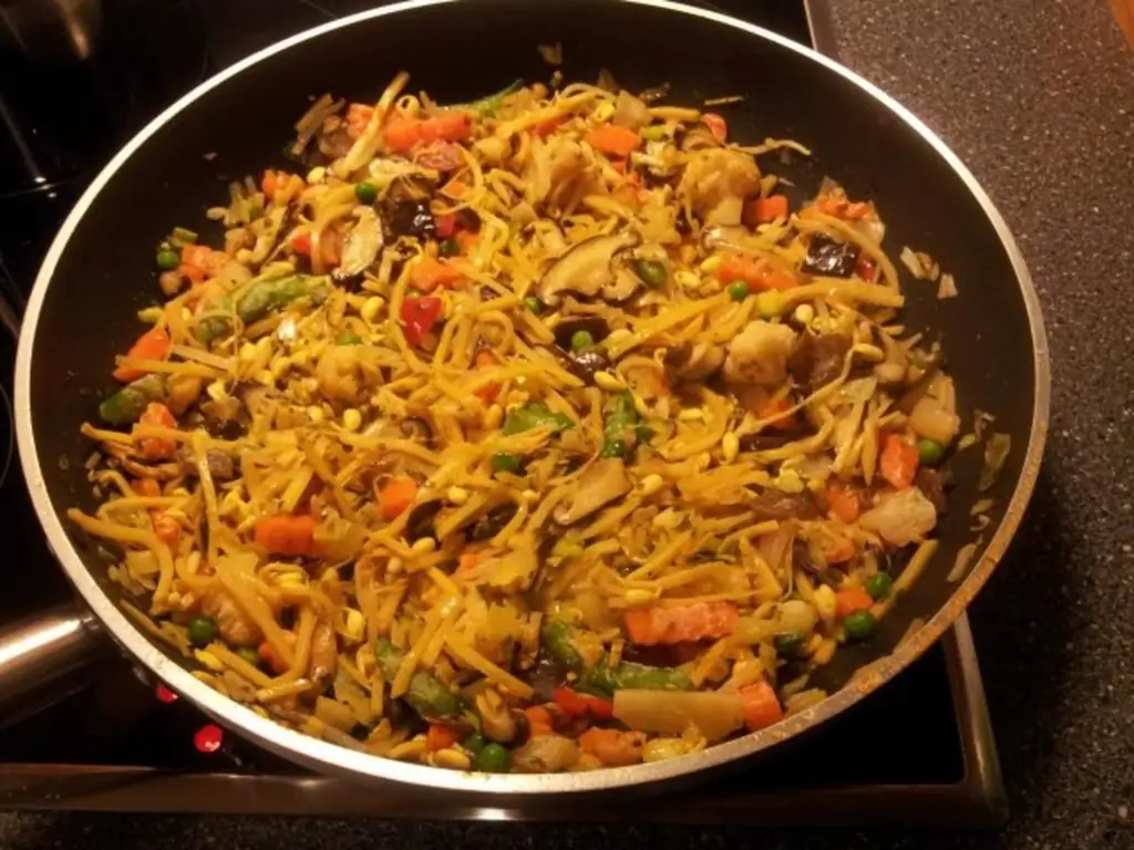 Азиатская сковорода с куриной грудкой и азиатскими овощами глубокой заморозки