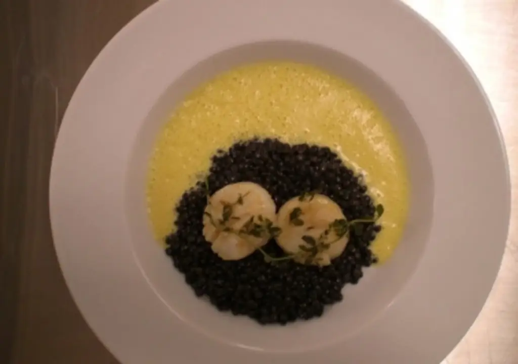 Гребешки на чечевице из белуги с шафрановым соусом