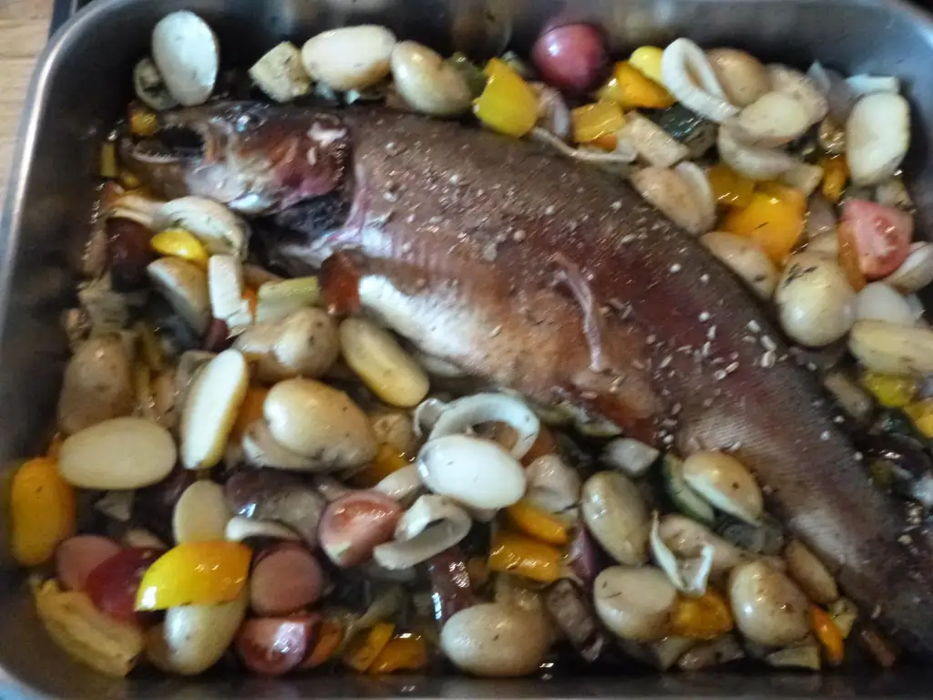 Форель с лососем на овощах, запеченных в духовке по-средиземноморски