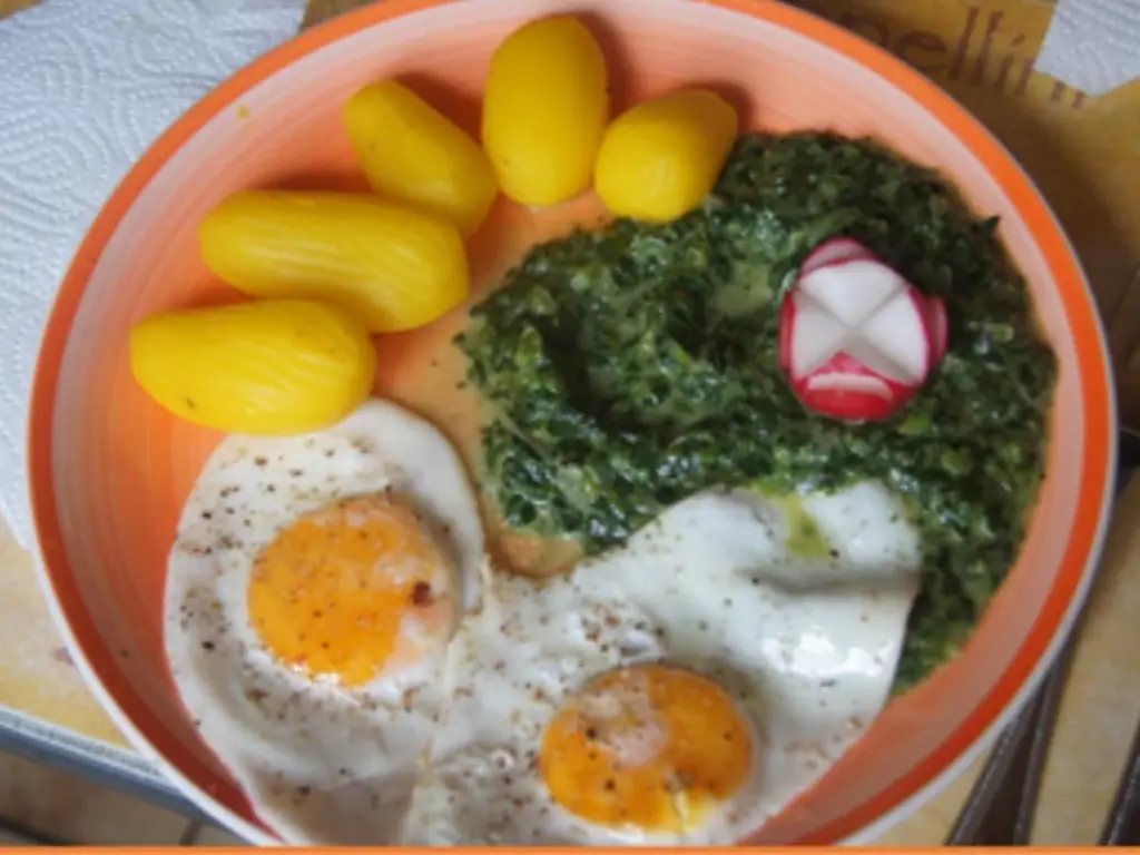 Пряный сливочный шпинат с картофелем и яичницей